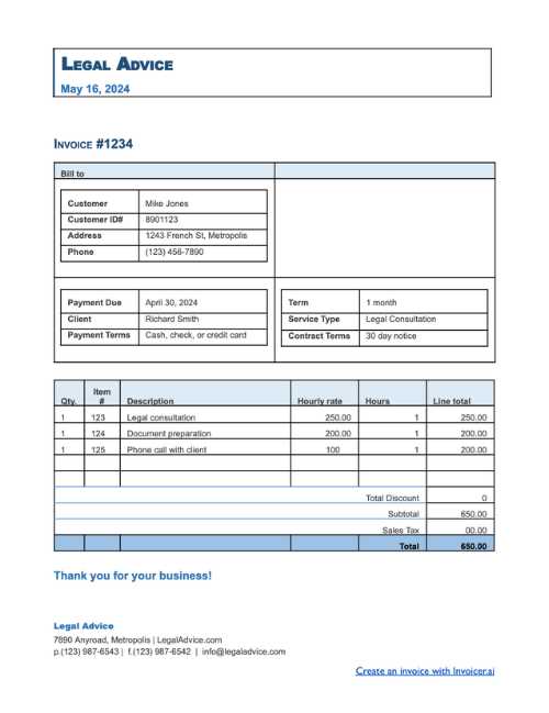 legal services invoice template free