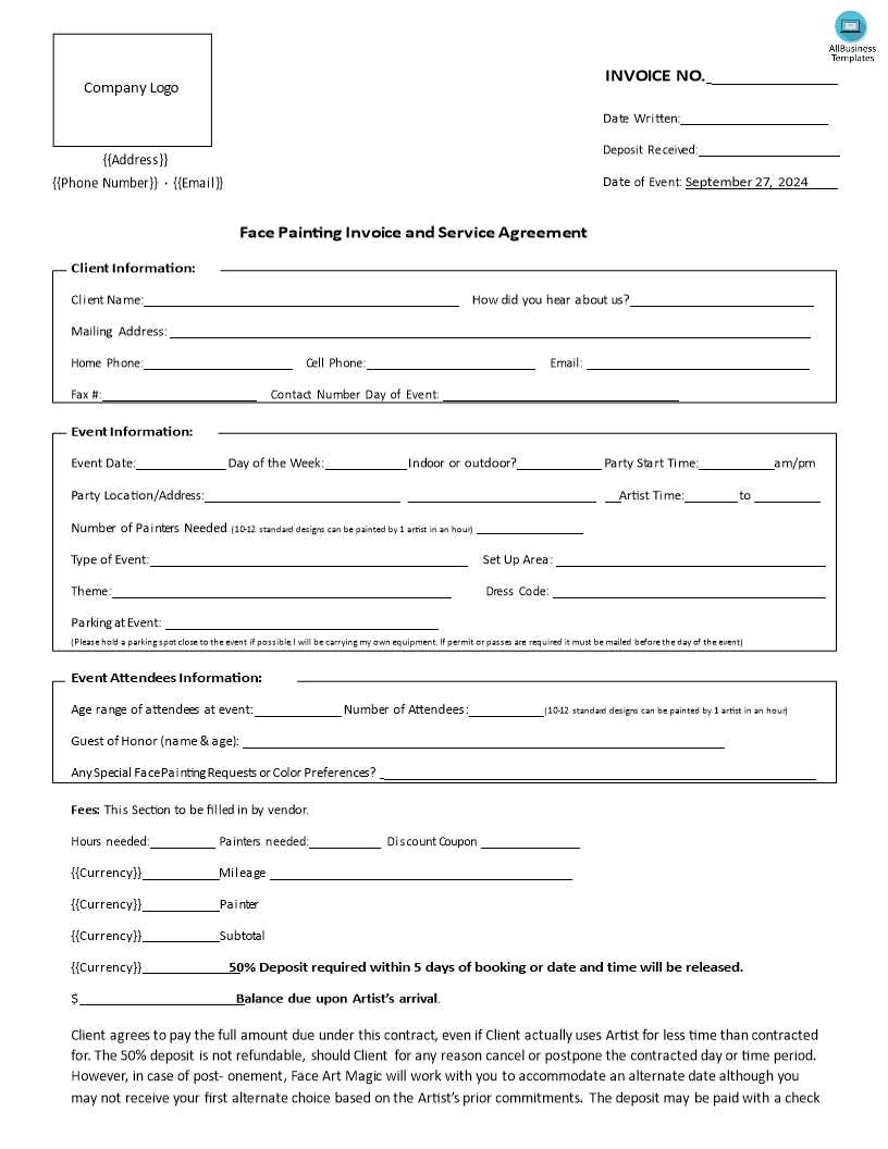 face painting invoice template