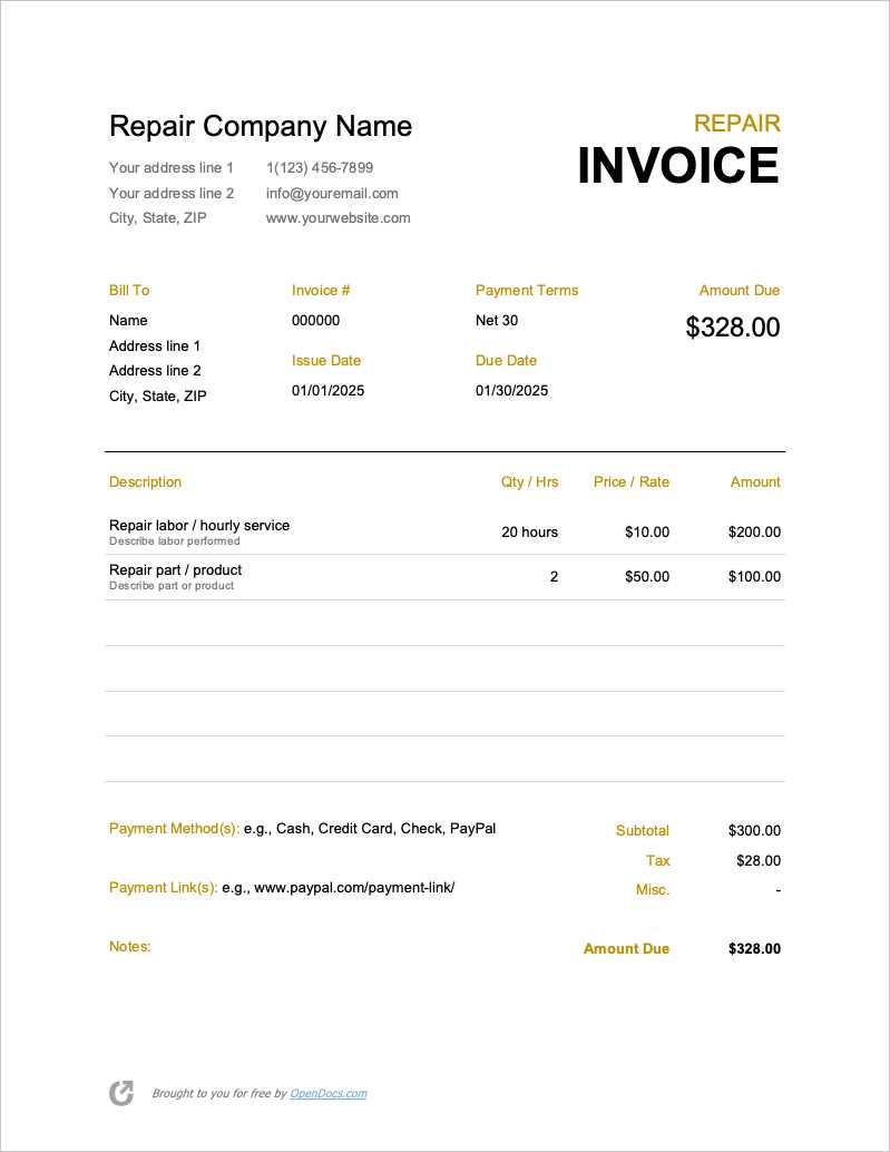 car repair invoice template free