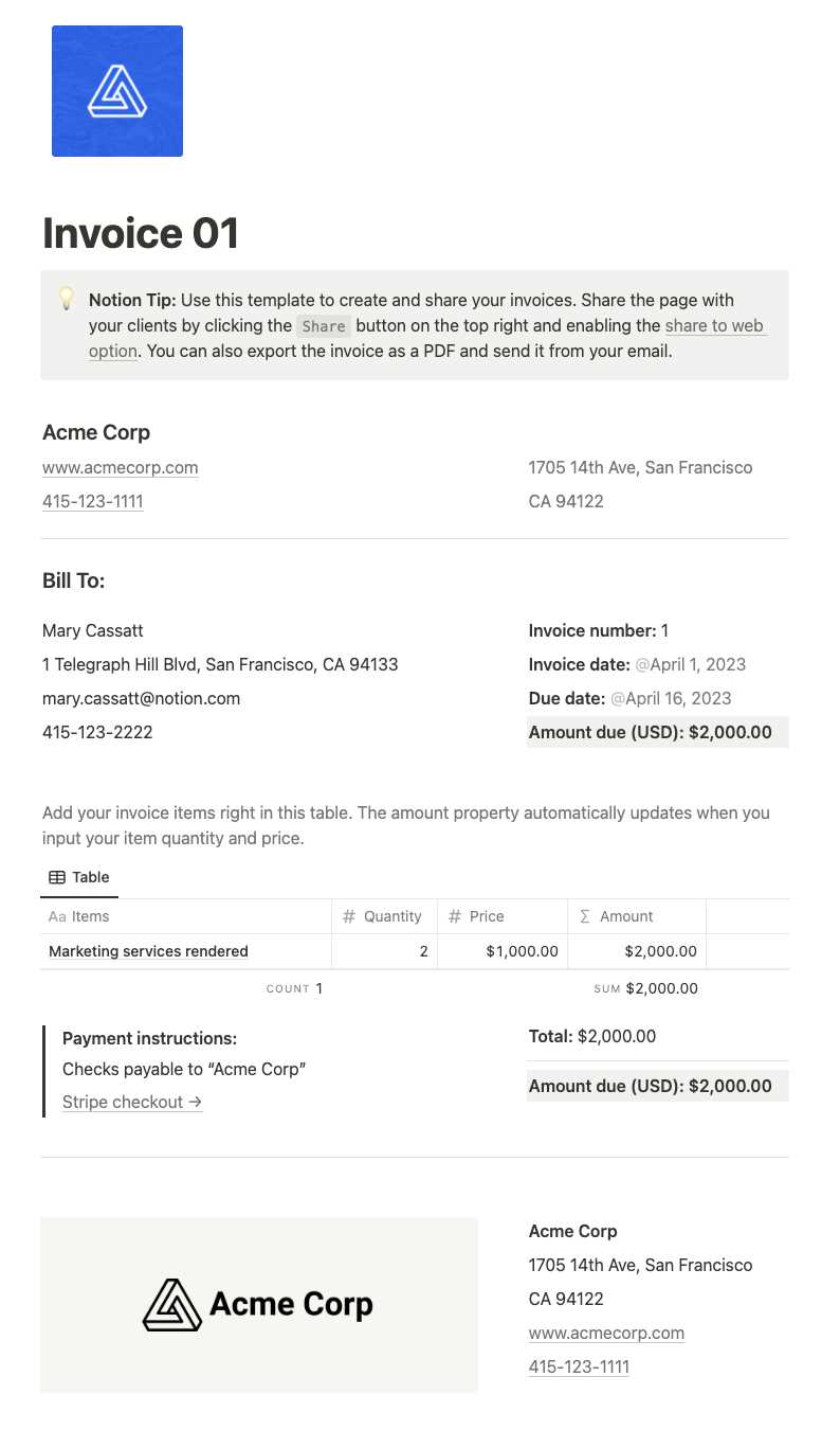 invoice template notion
