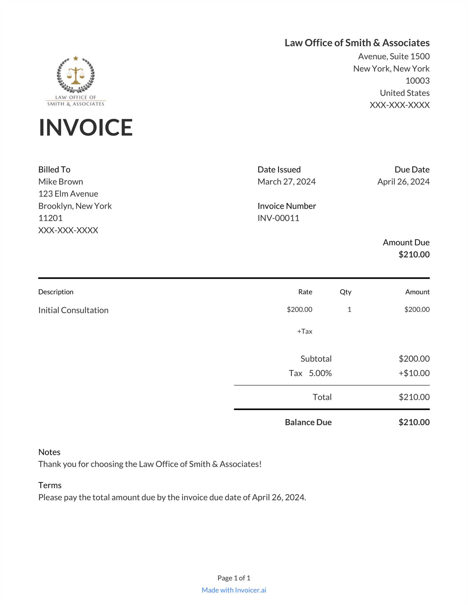 legal consultant invoice template