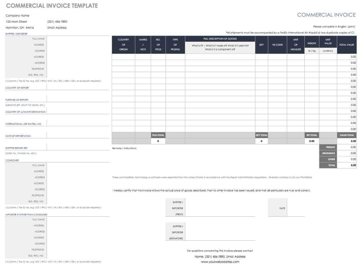 blank commercial invoice template