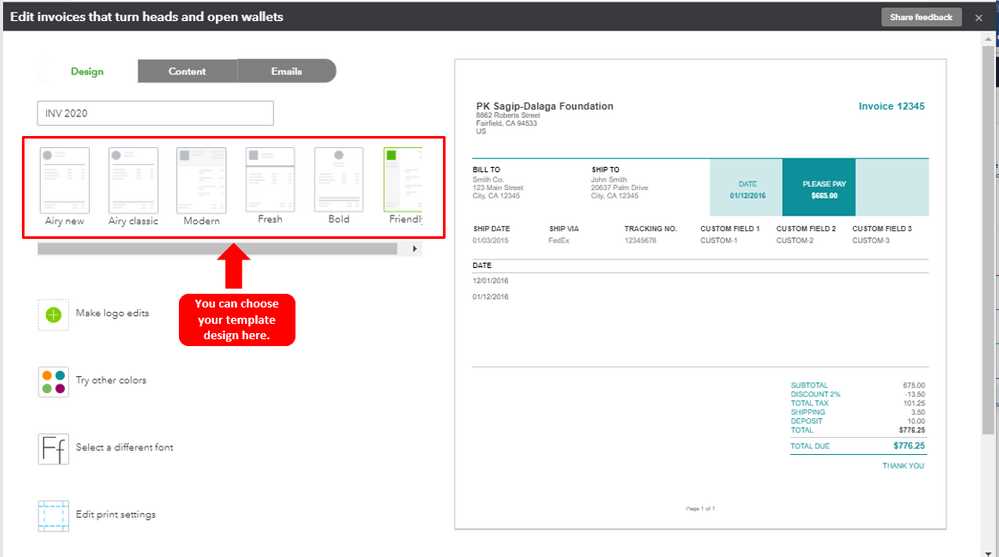 quickbooks online custom invoice template