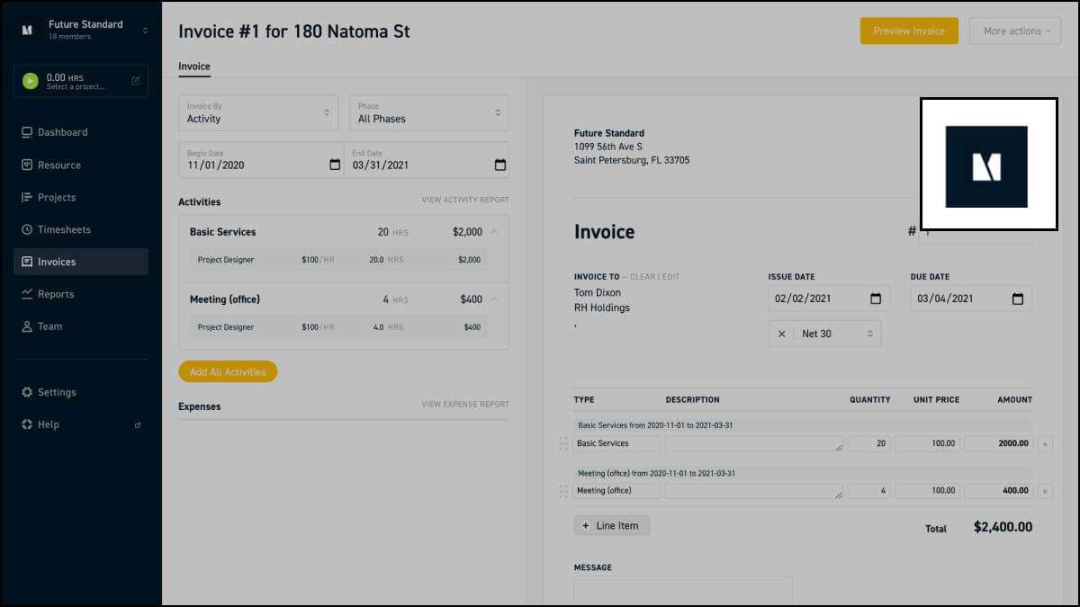 invoice template for architectural services