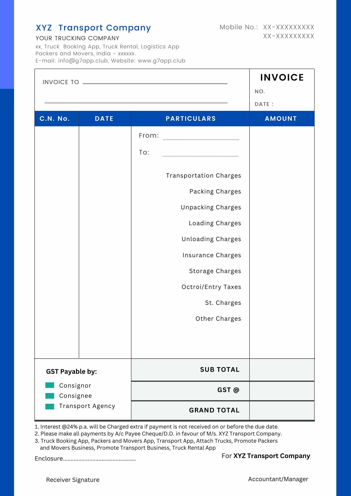 truck rental invoice template