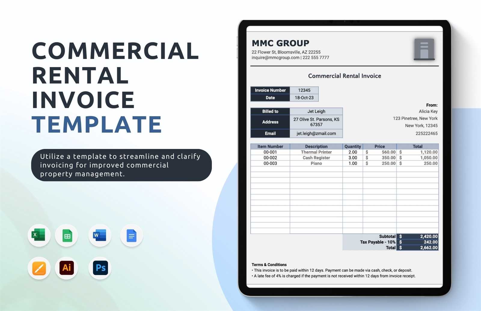 template rental invoice