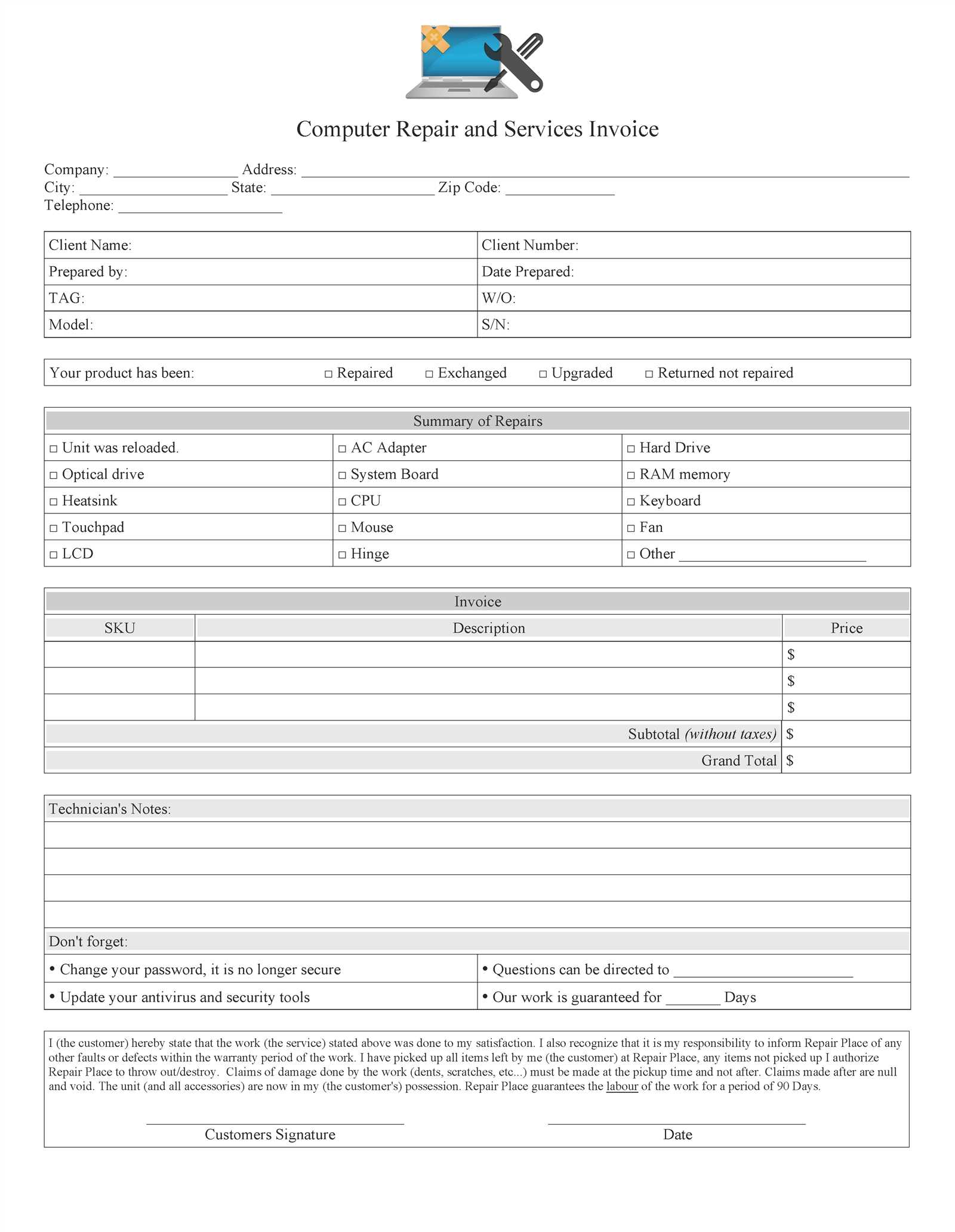 computer technician invoice template