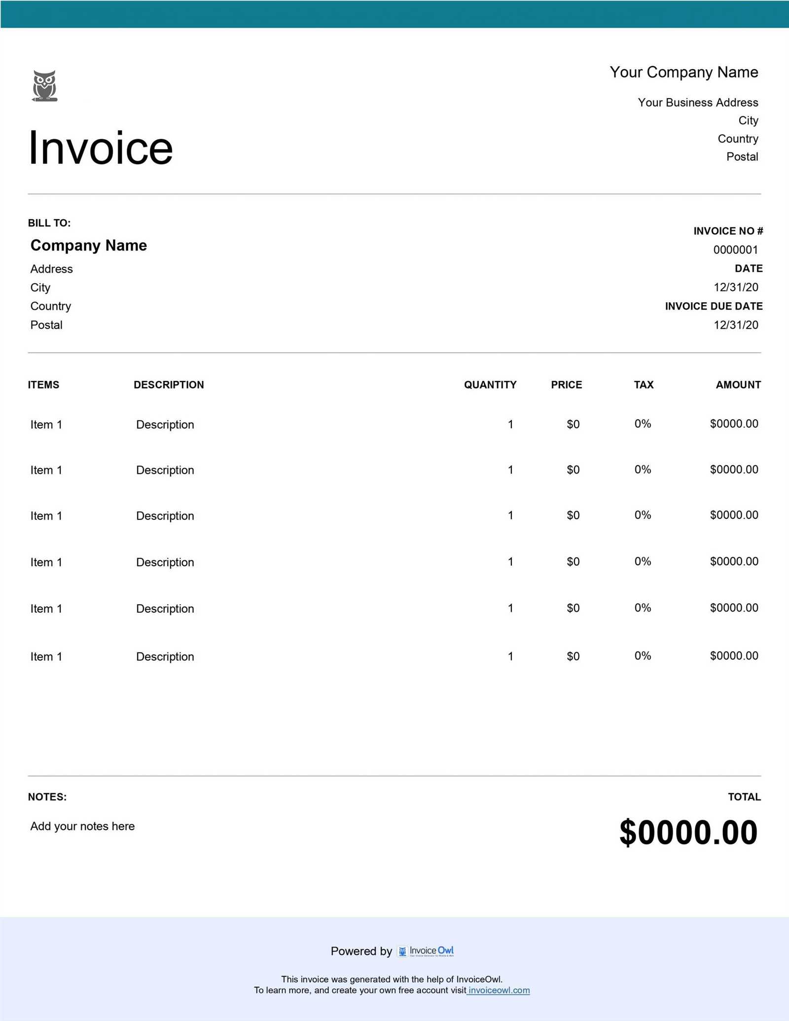 ms excel invoice template