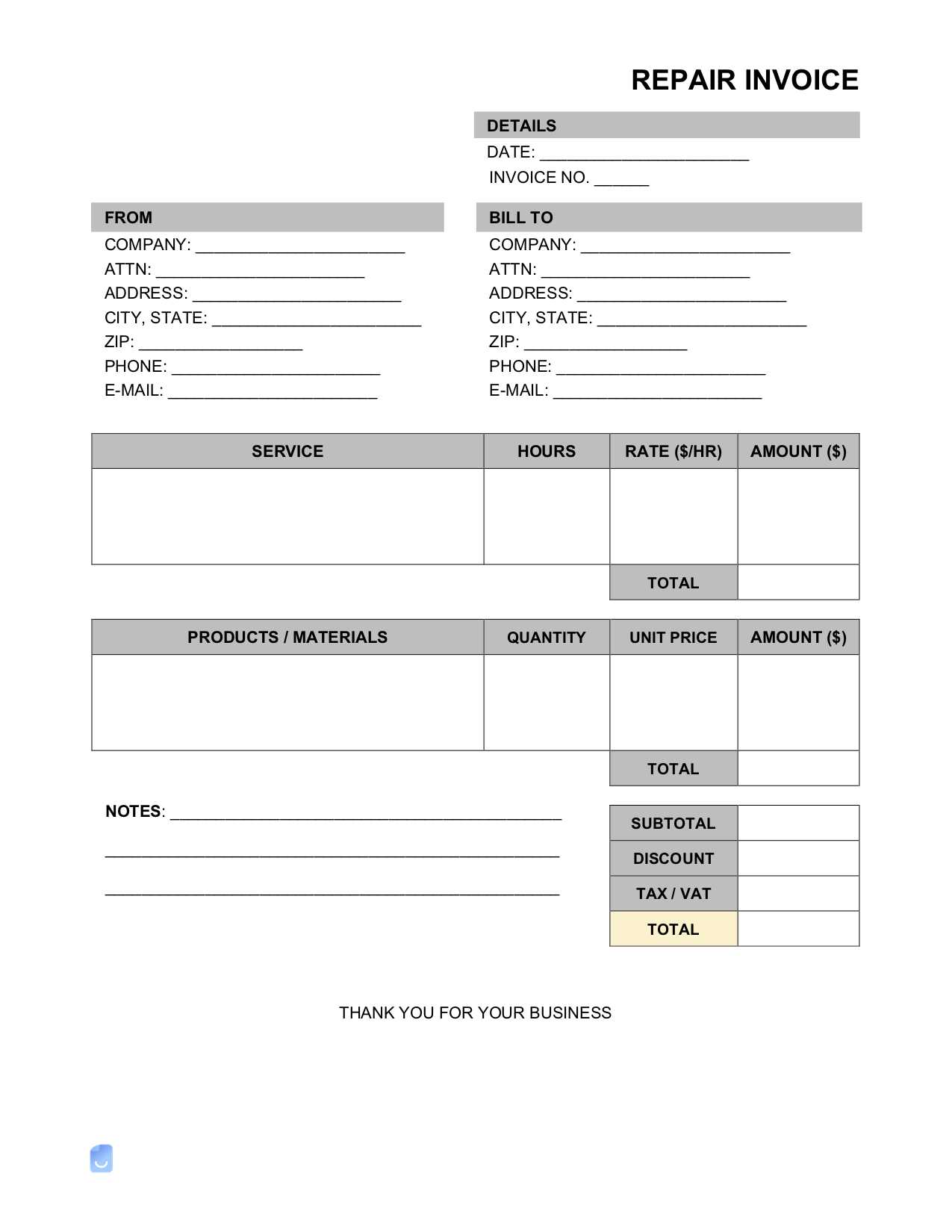 invoice template for home repairs