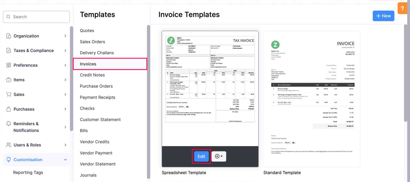 zoho books invoice template