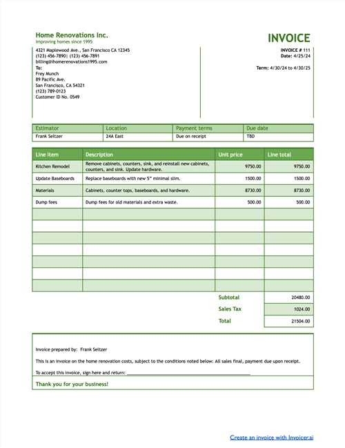 bathroom remodel invoice template