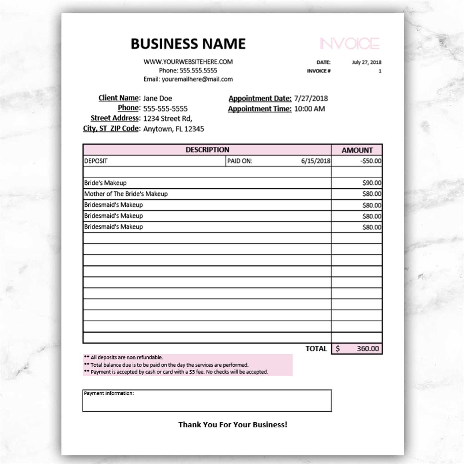 freelance makeup artist invoice template