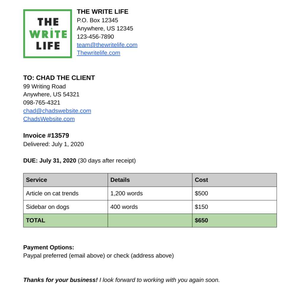 freelance writing invoice template