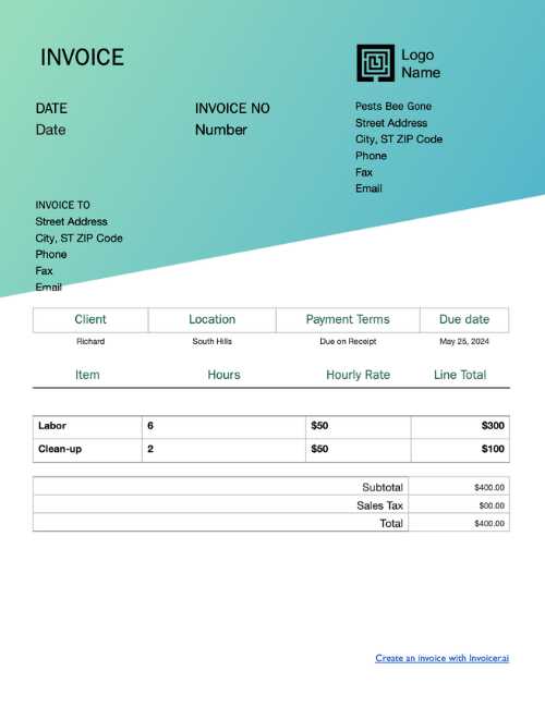 pest control invoices templates