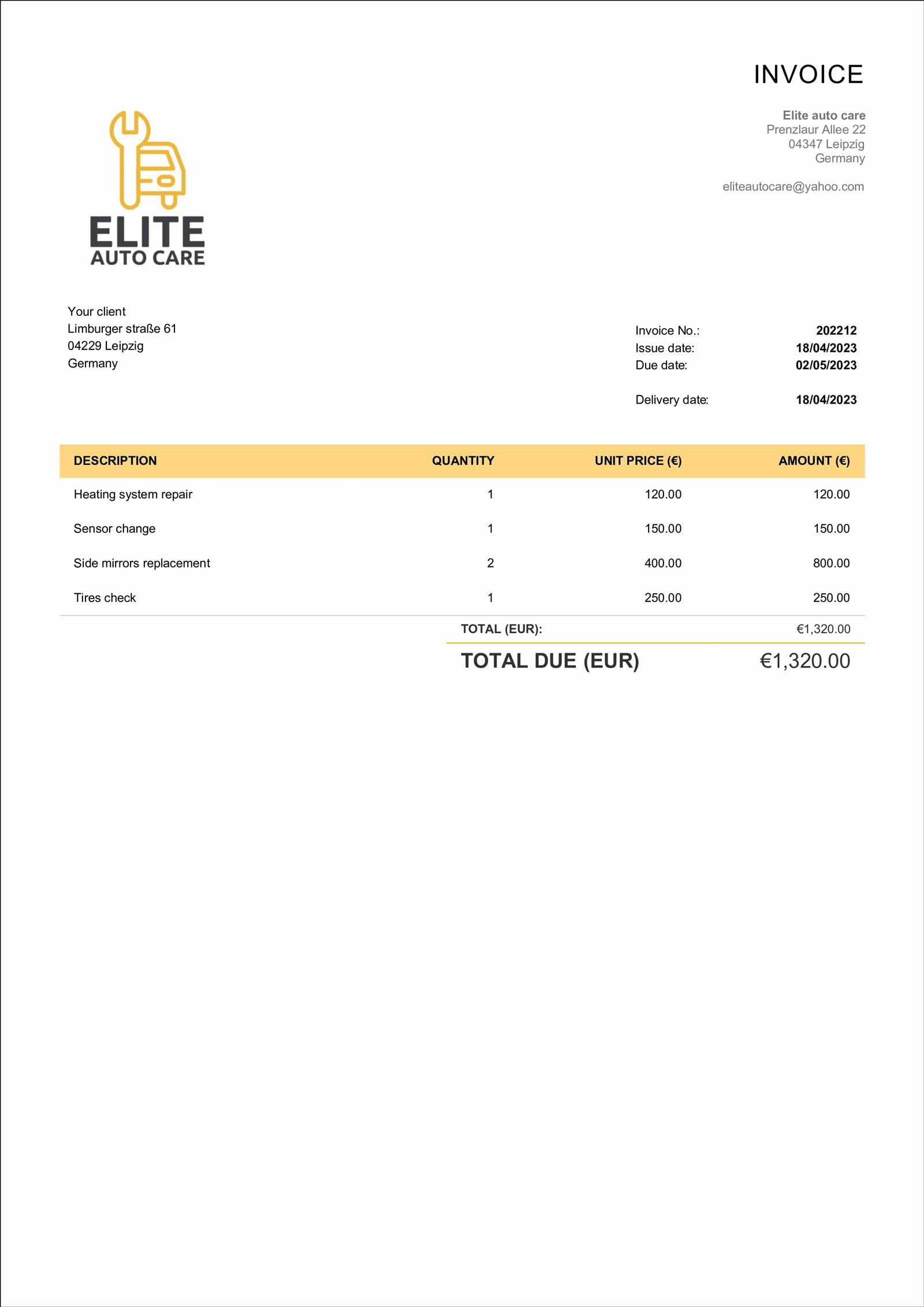 garage repair invoice template
