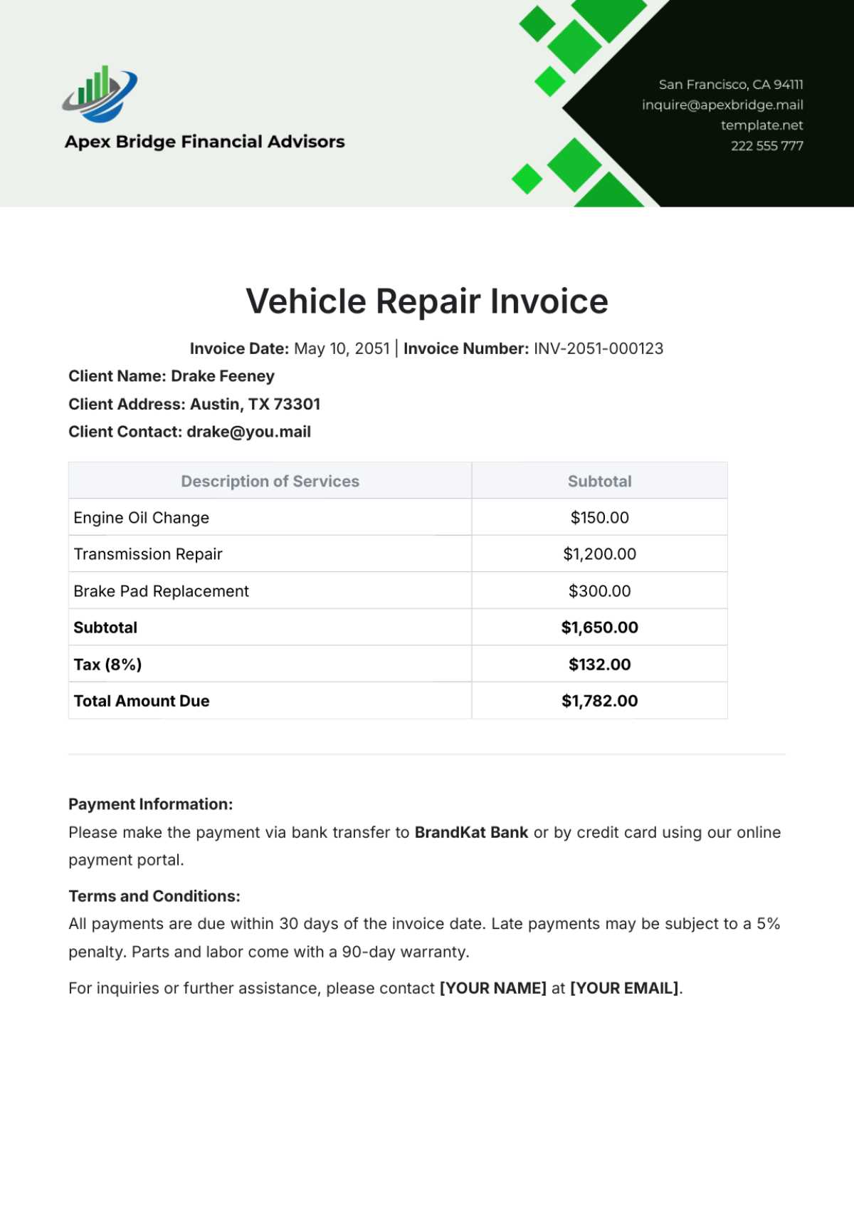 garage repair invoice template