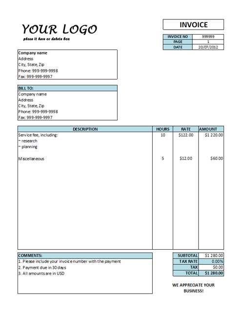hourly rate invoice template word