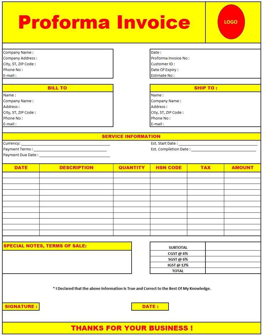 proforma invoice template excel