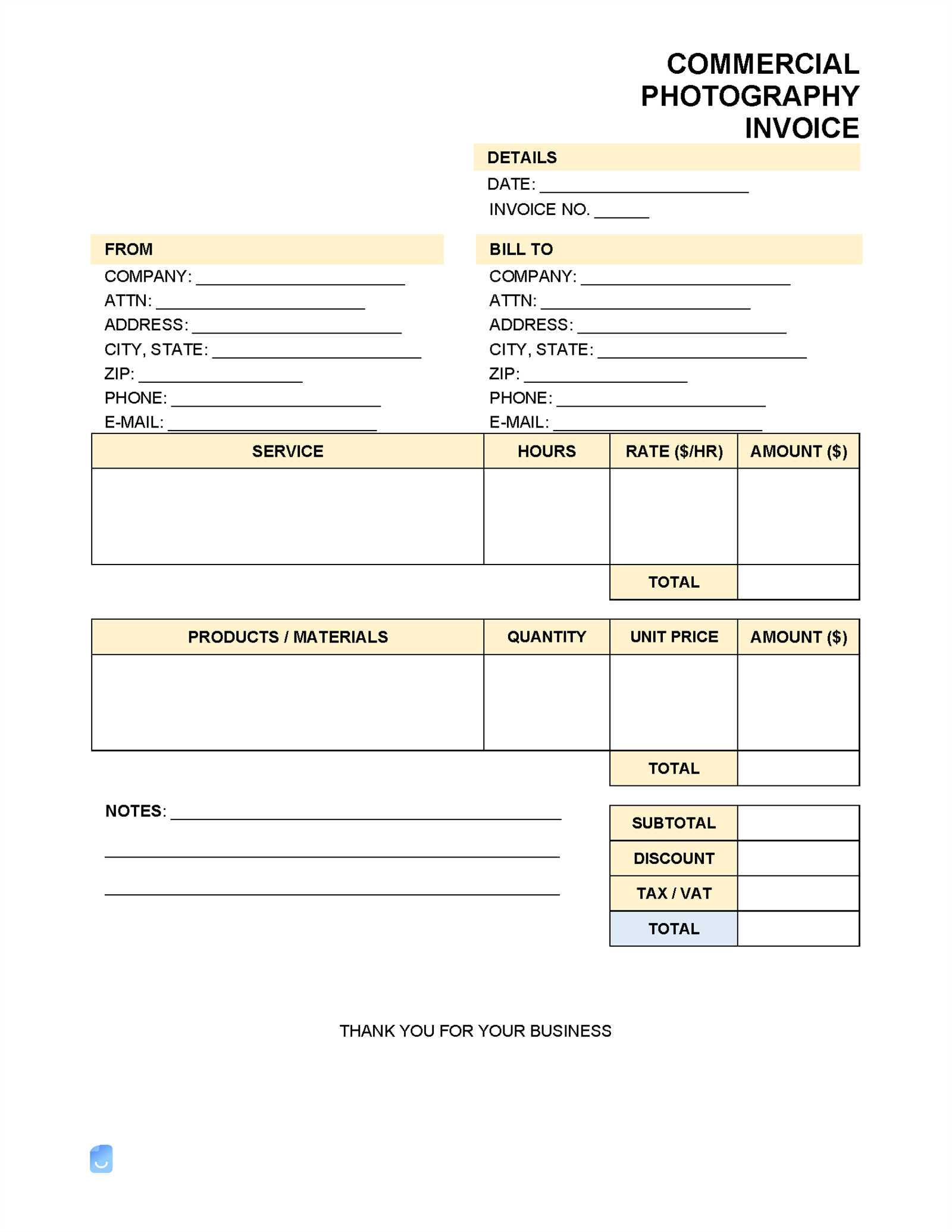 photography billing invoice template