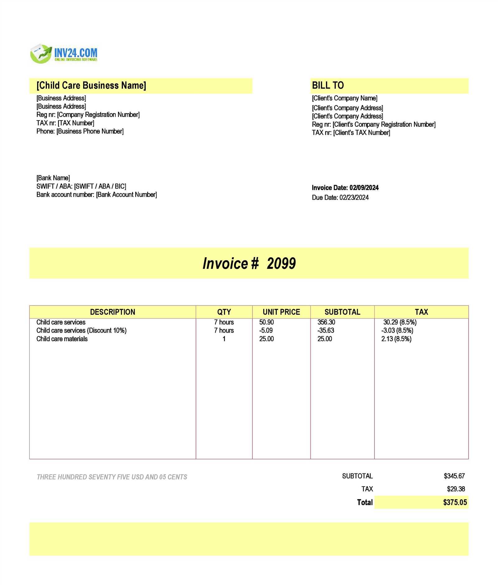 free printable daycare invoice template