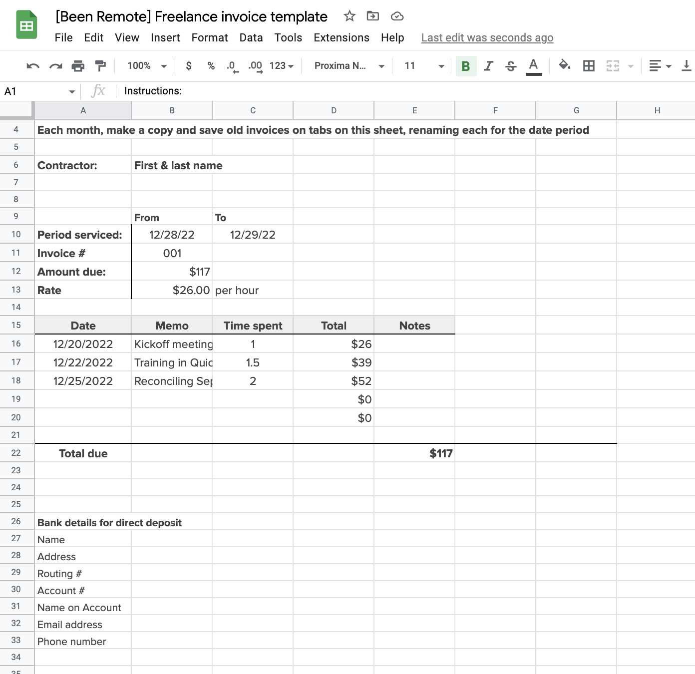 freelance hours invoice template