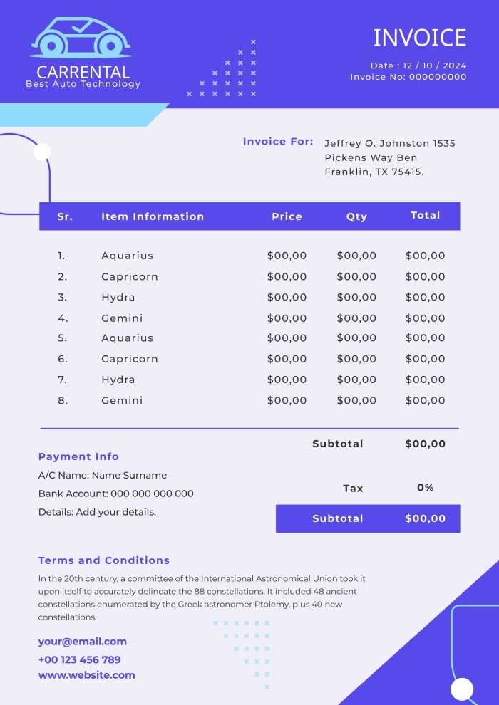 invoice template for car rental