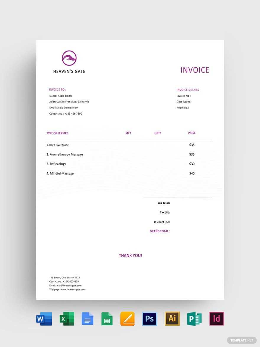 printable format massage invoice template