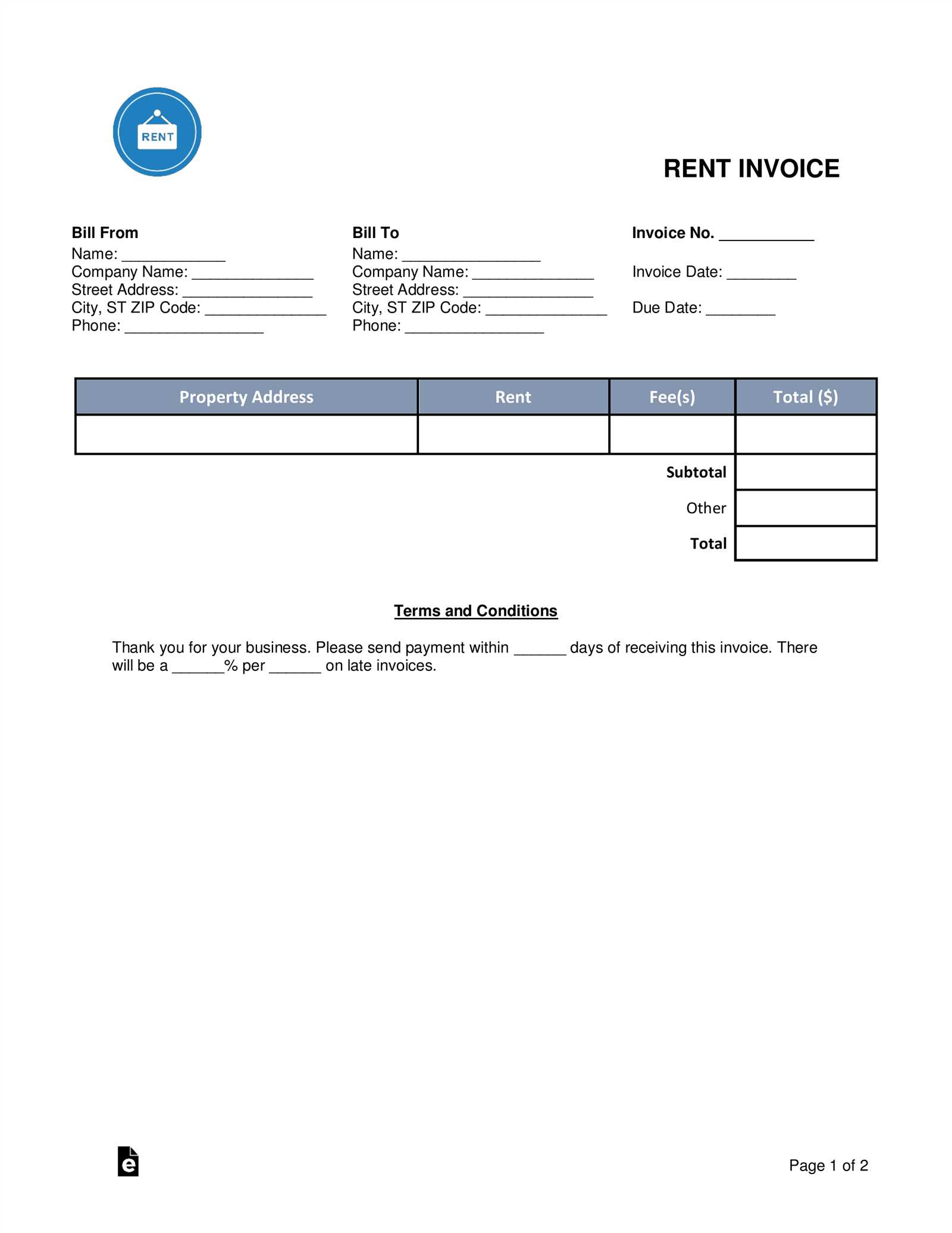 monthly rent invoice template excel