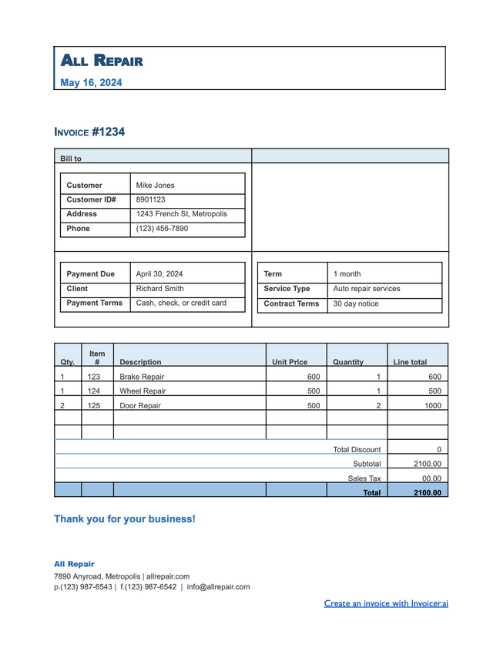 motor vehicle repair invoice template