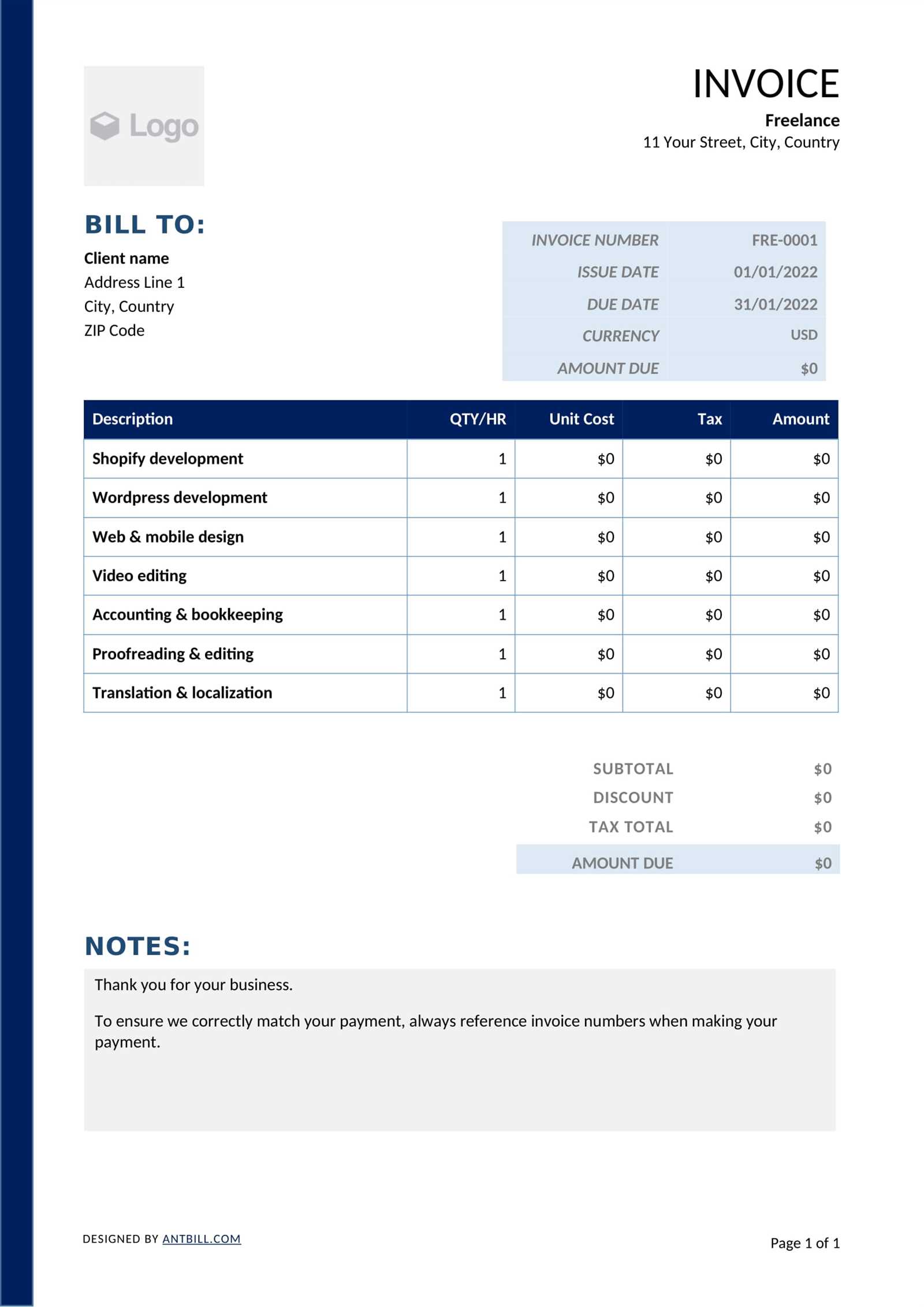freelancer invoice template