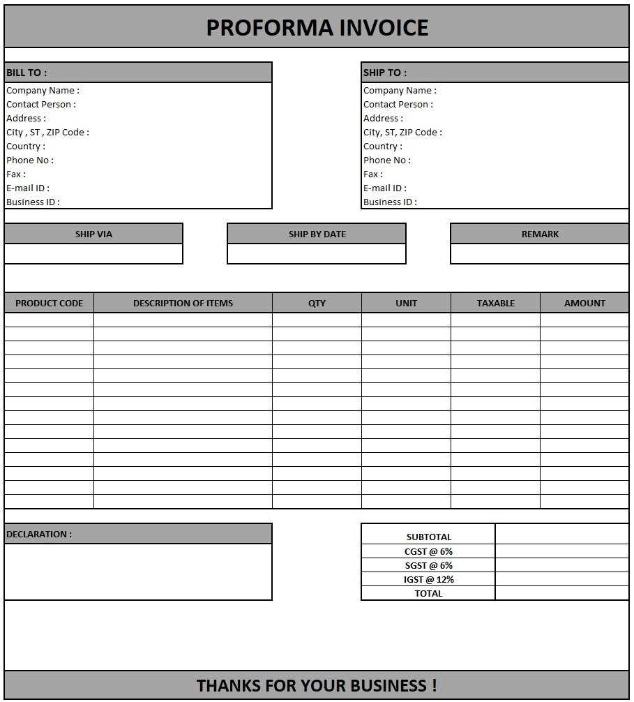 proforma invoice for export template