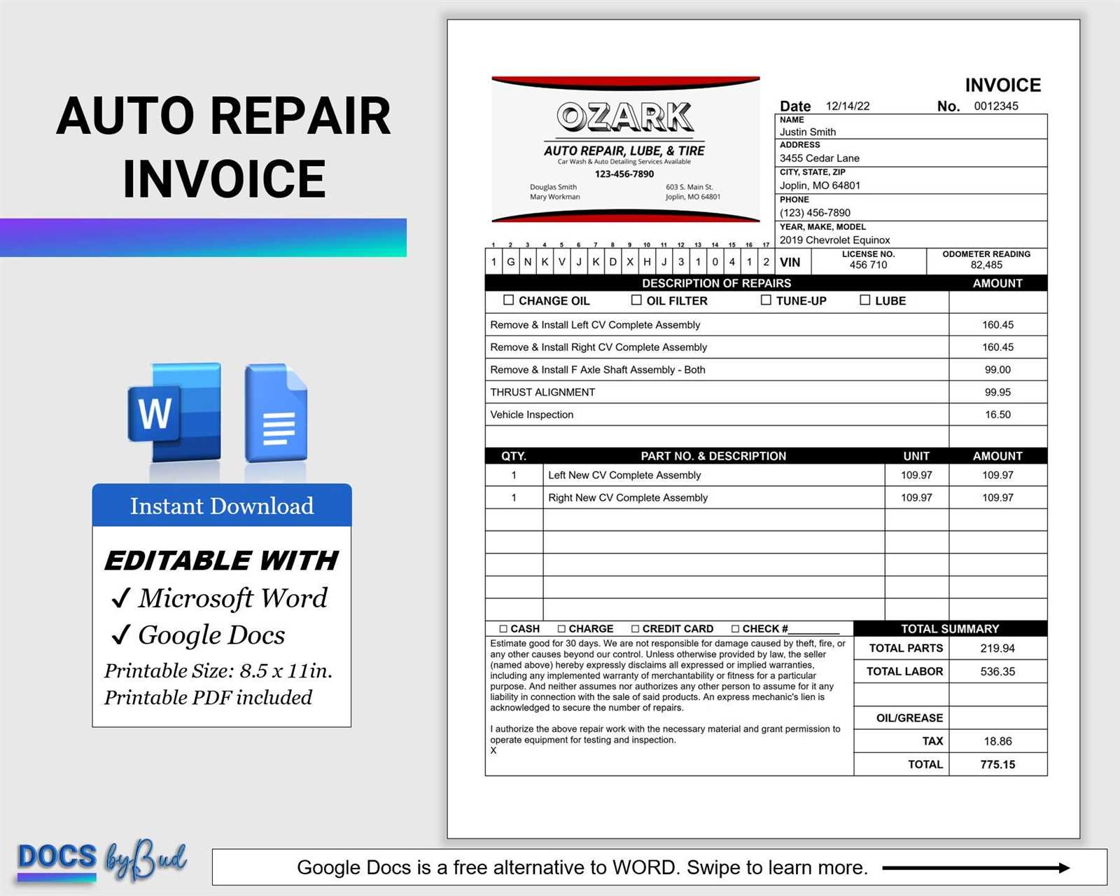 auto repair invoice template microsoft office