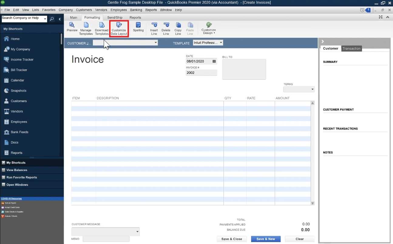 how to set default invoice template in quickbooks online