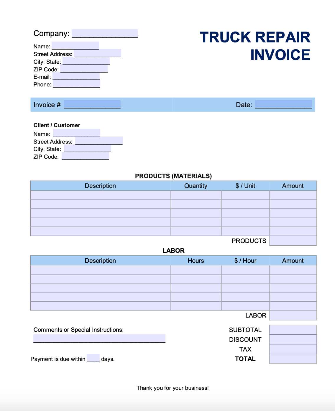 mechanic shop invoice template