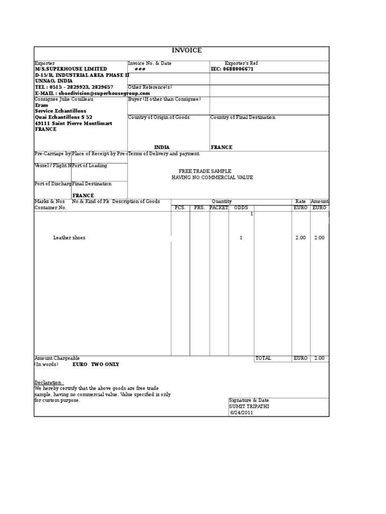 no commercial value invoice template