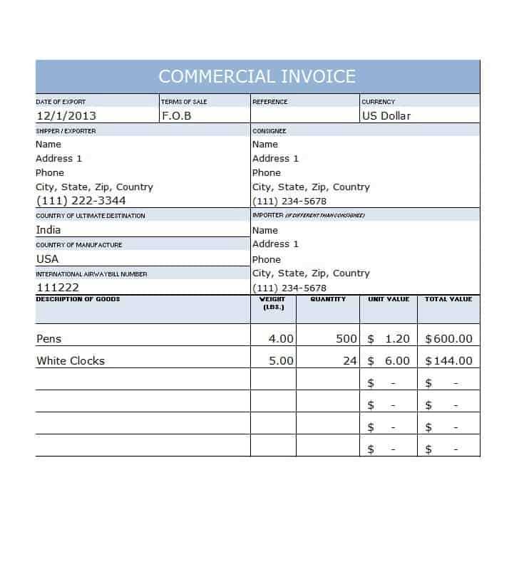 sample commercial invoice template