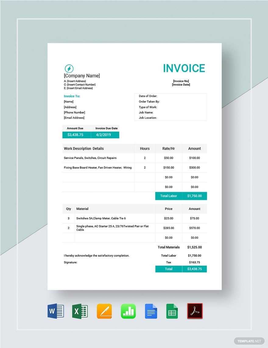 electrical invoice template pdf