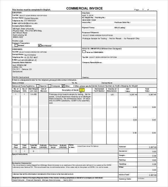 us customs invoice template