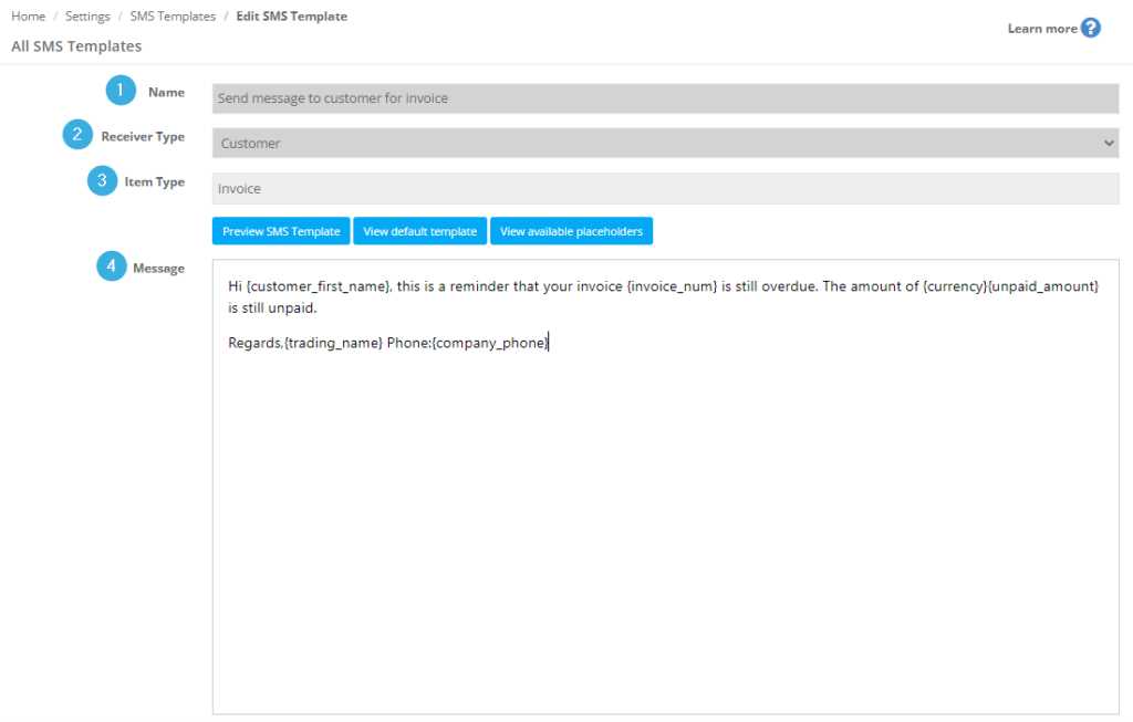 sms invoice template