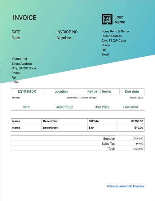 home staging invoice template