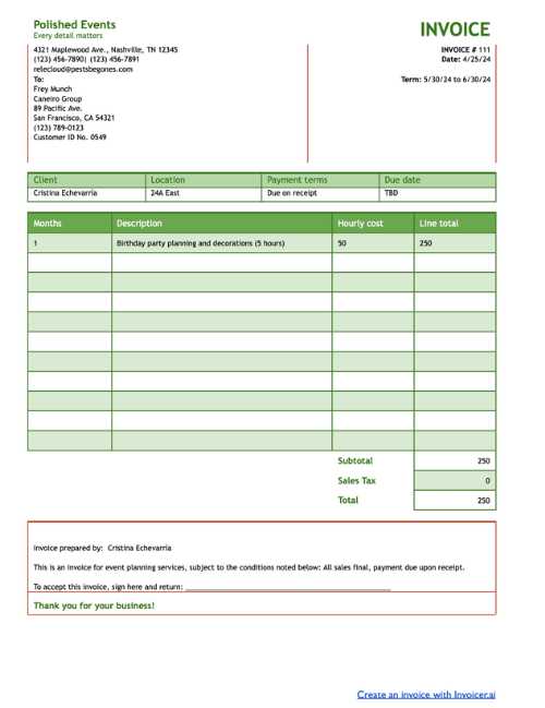 birthday party invoice template