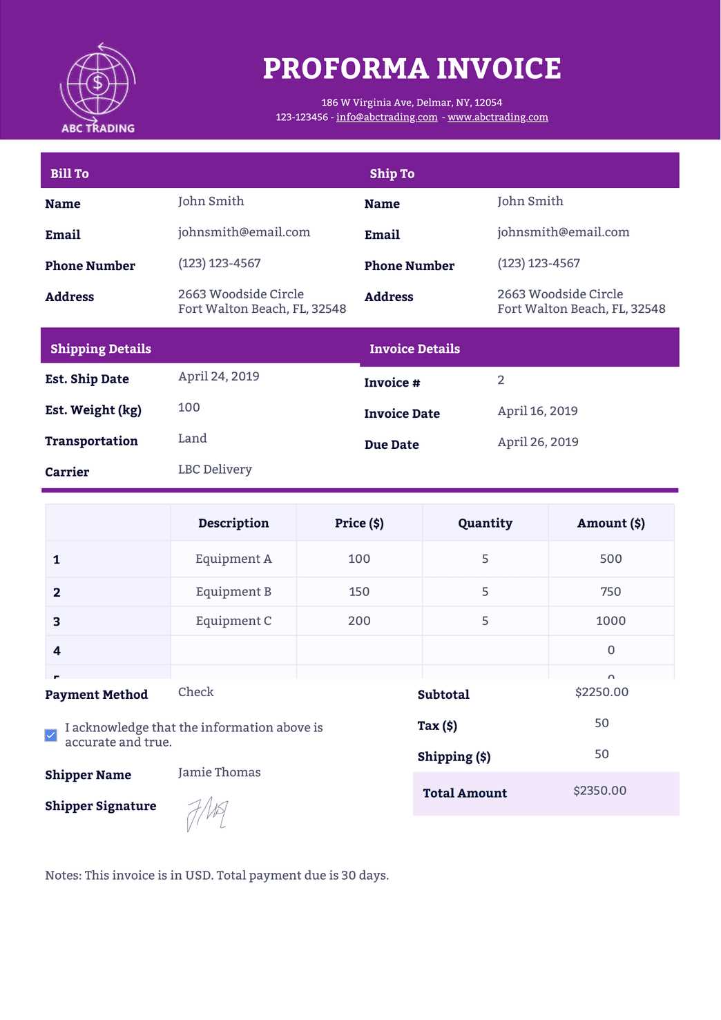 sales proforma invoice template