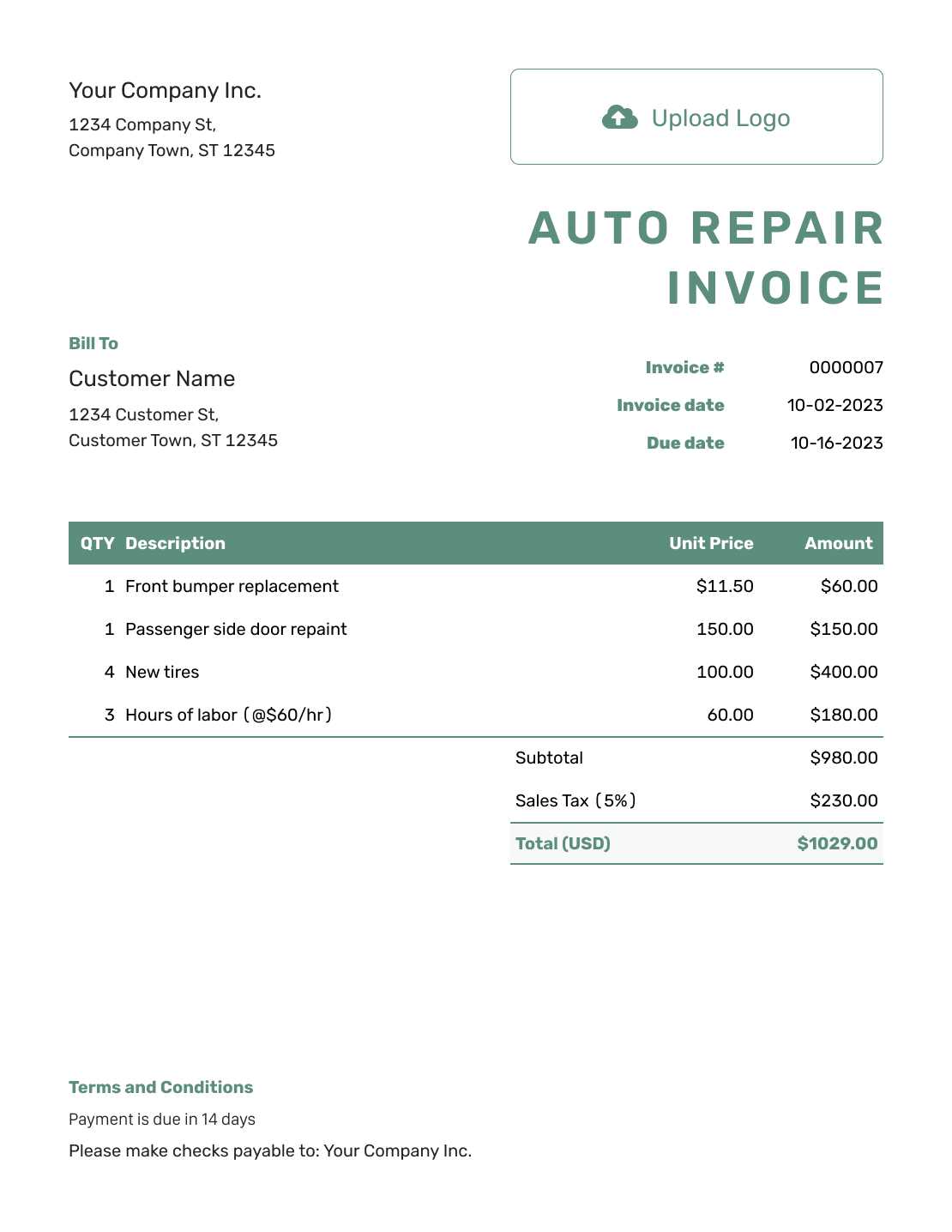 auto repair invoice template pdf