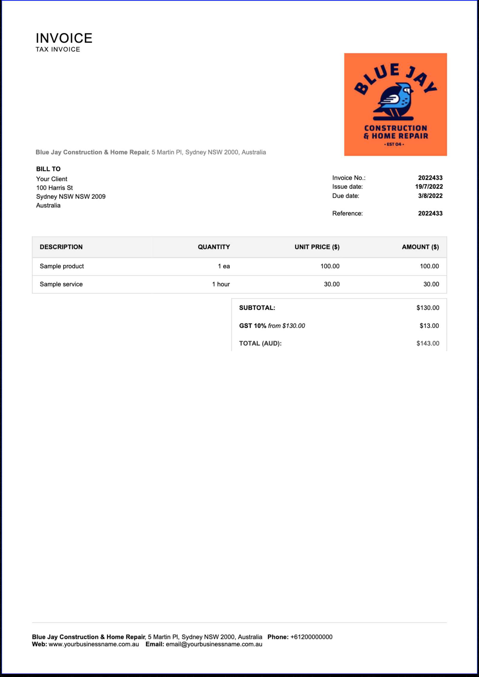 invoice template for sole trader