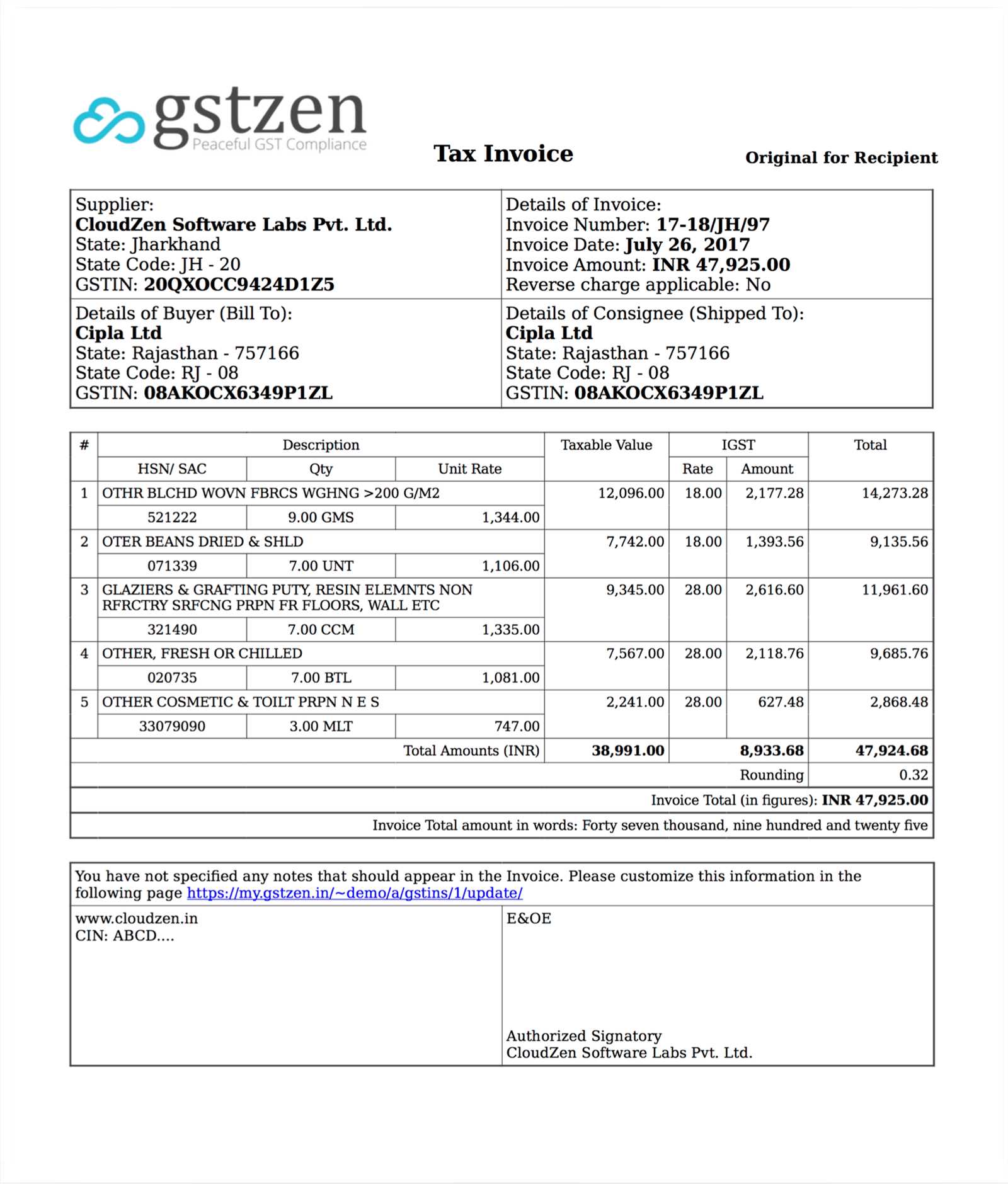 invoice template with gst india