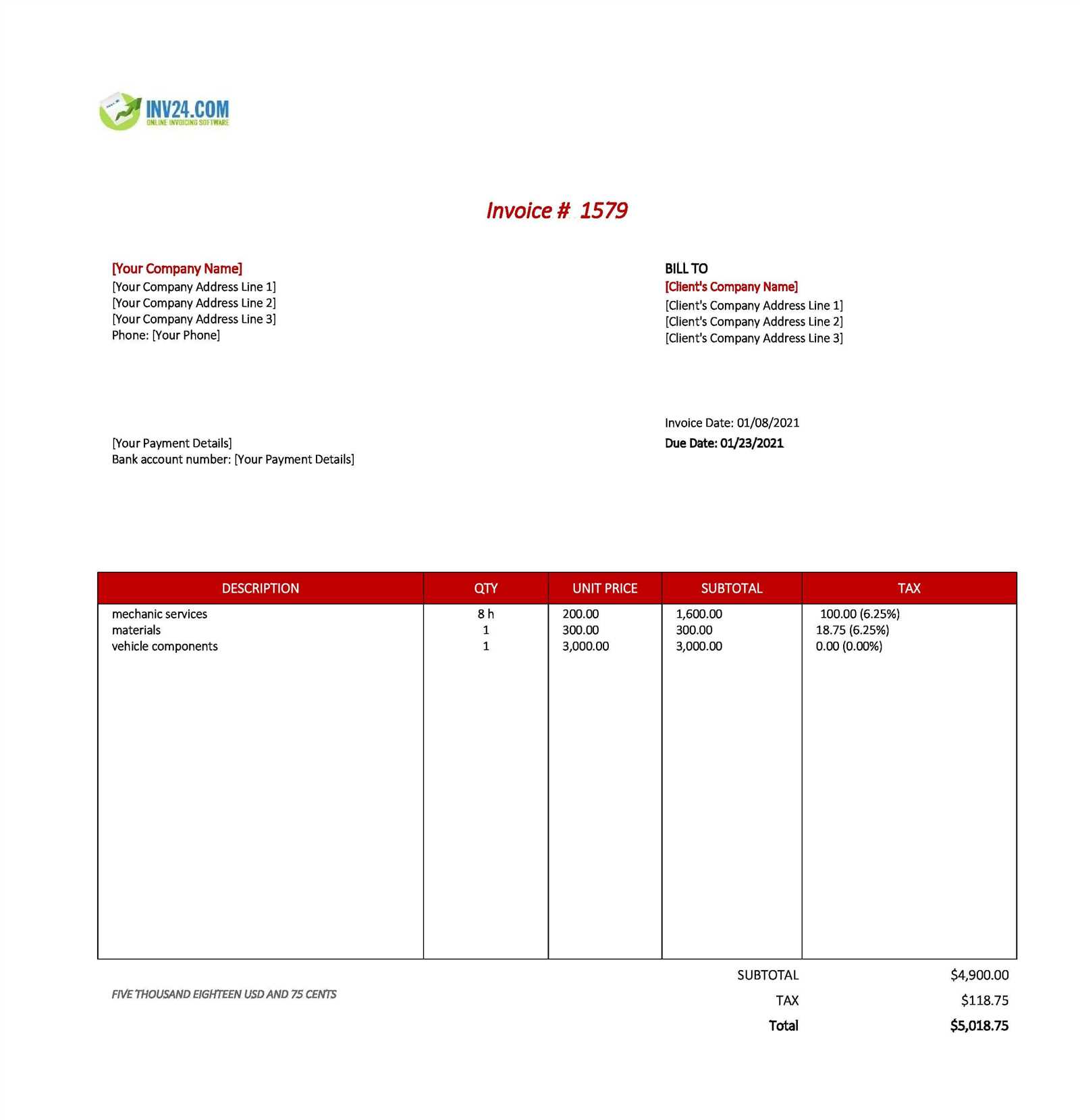 handyman invoice template xls