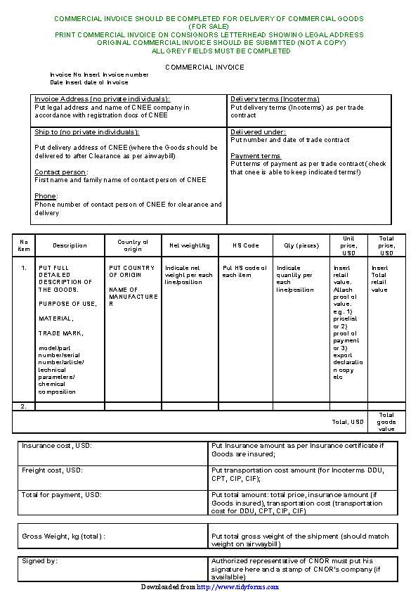 sample commercial invoice template