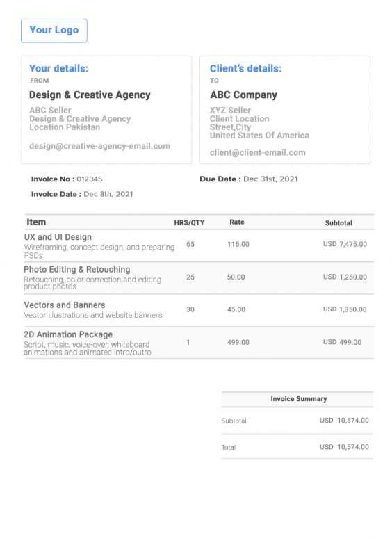 invoice template for interior design services