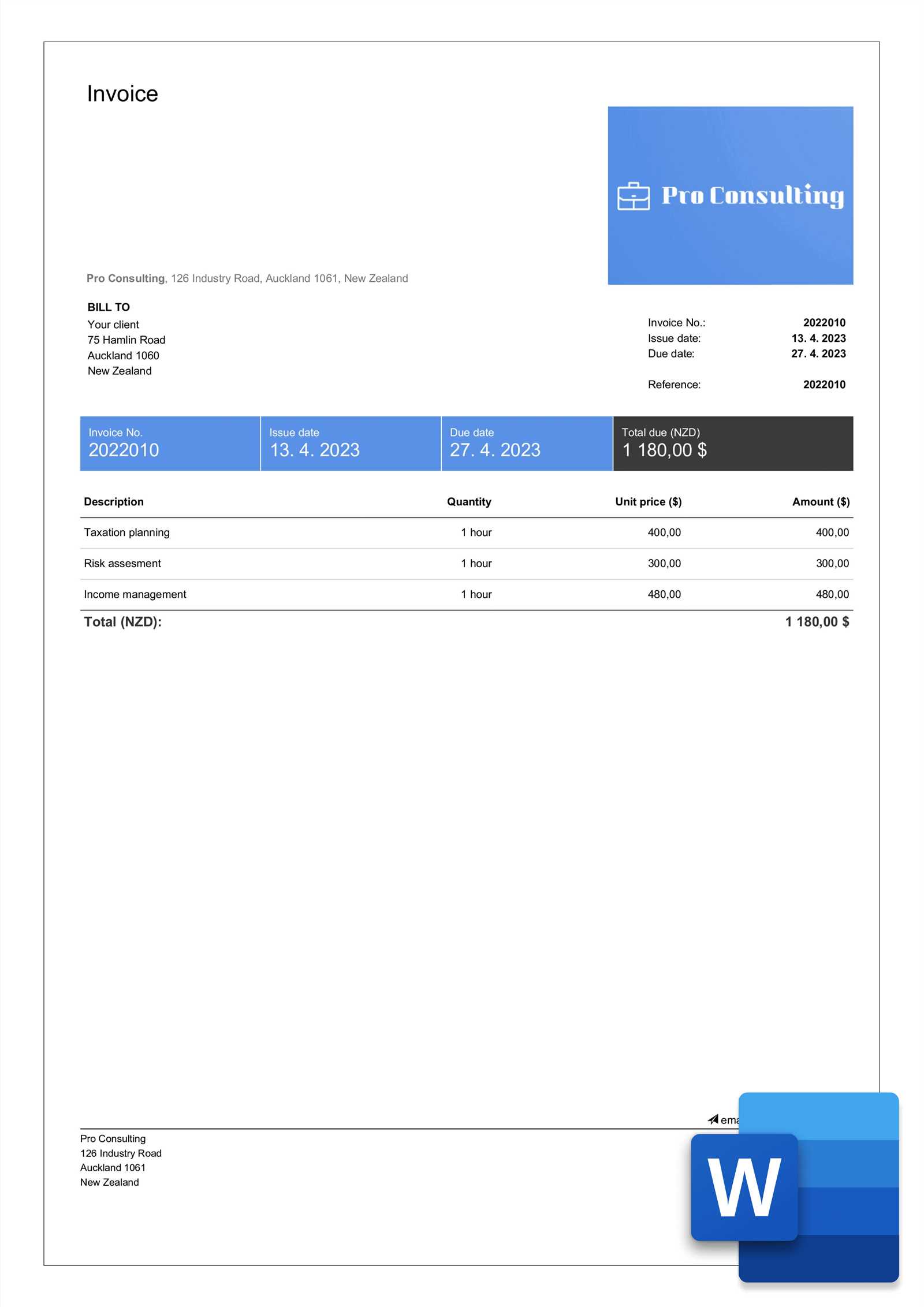 hourly rate invoice template word