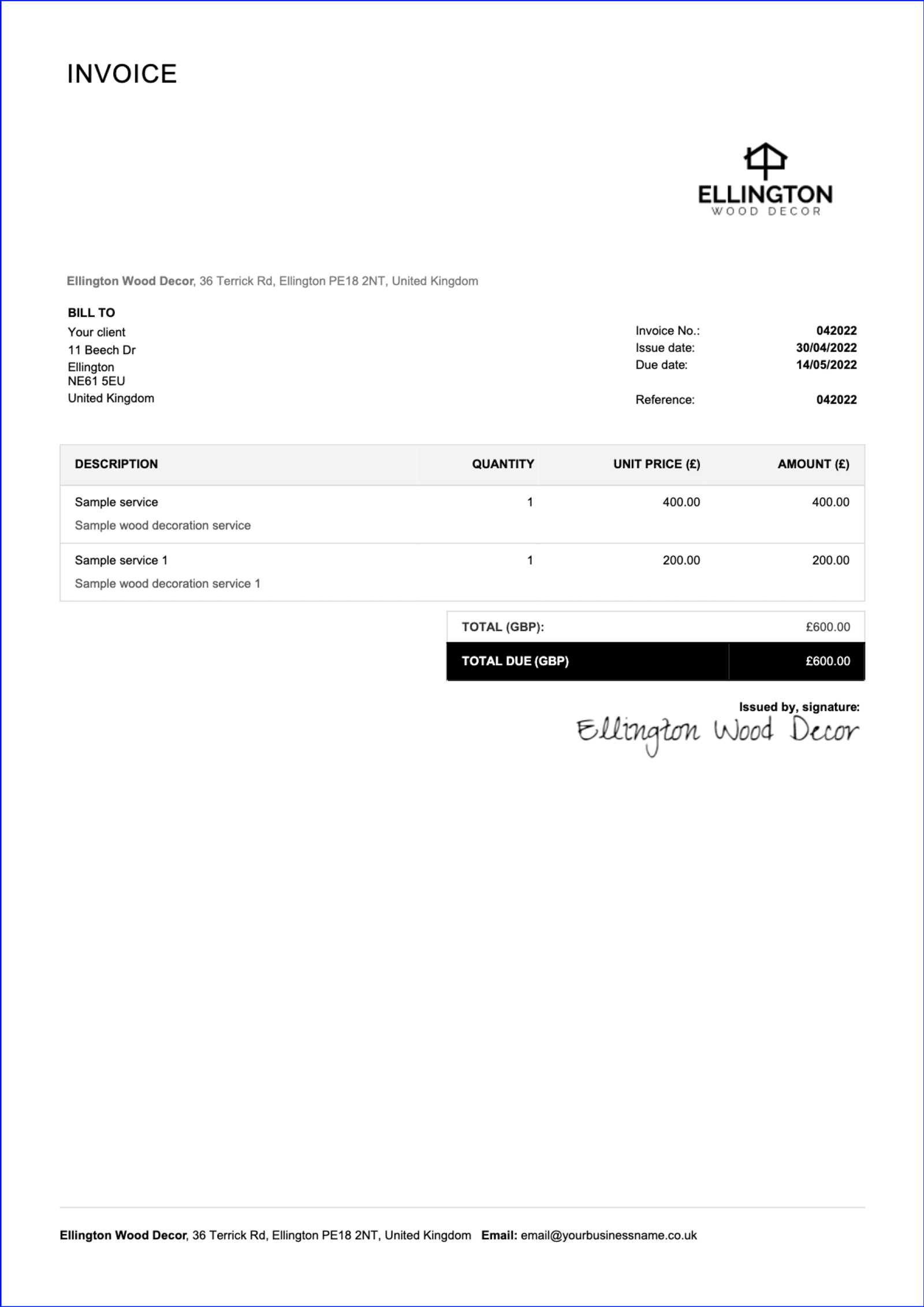 invoice template for self employed